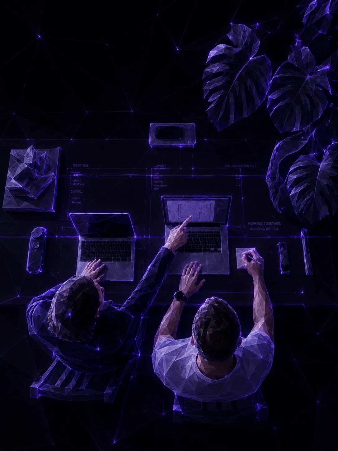 Low-poly illustration of two designers collaborating at a desk, seen from above