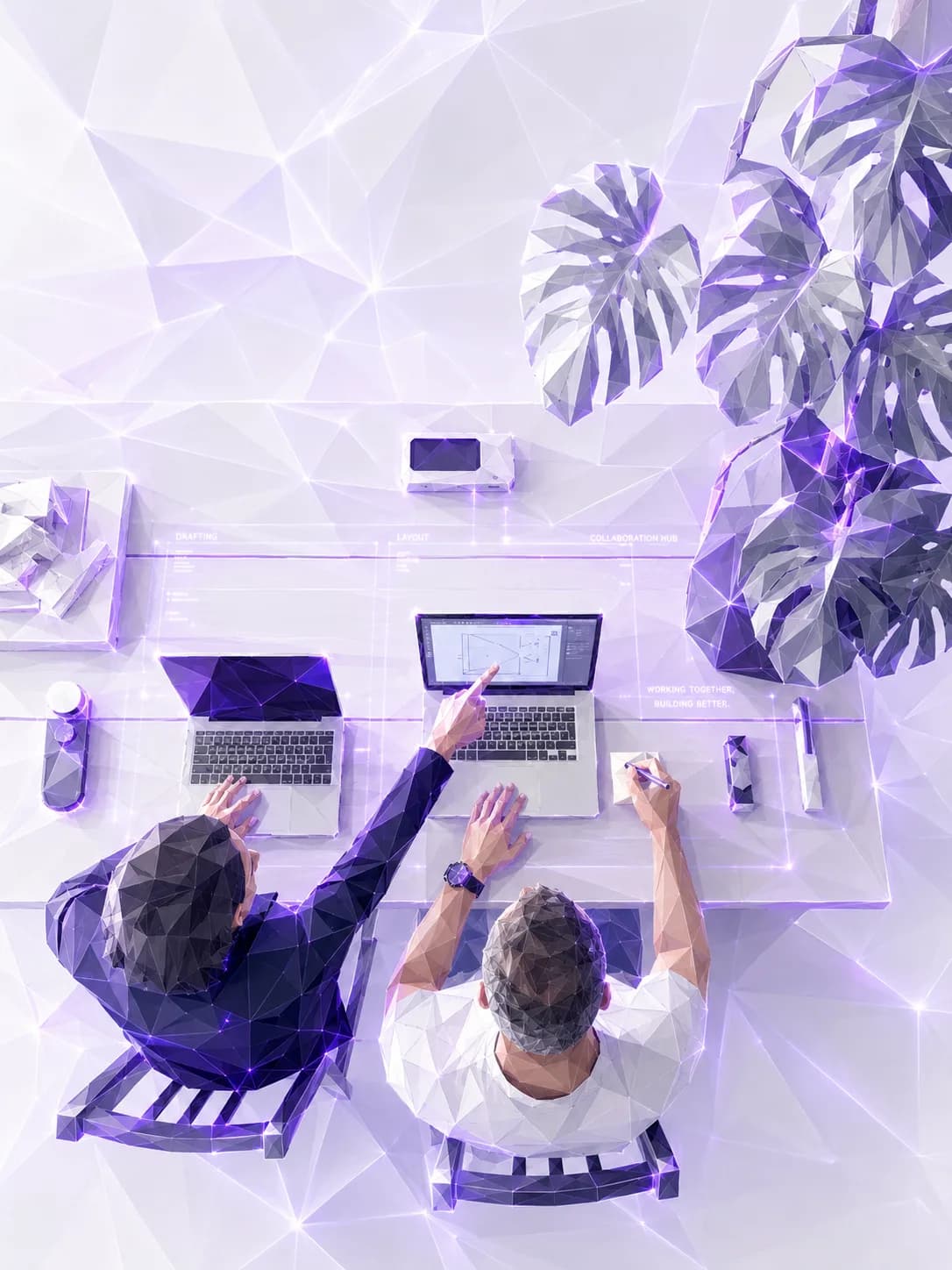Low-poly illustration of two designers collaborating at a desk, seen from above