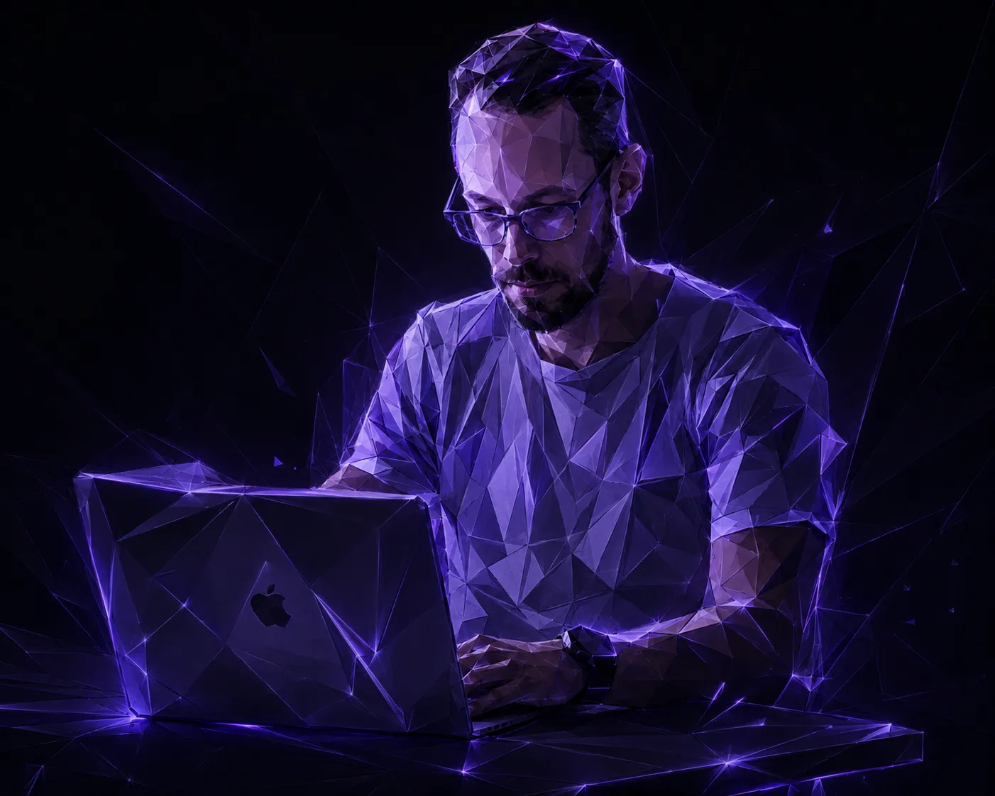 Low-poly illustration of Florent Blairon working on a laptop
