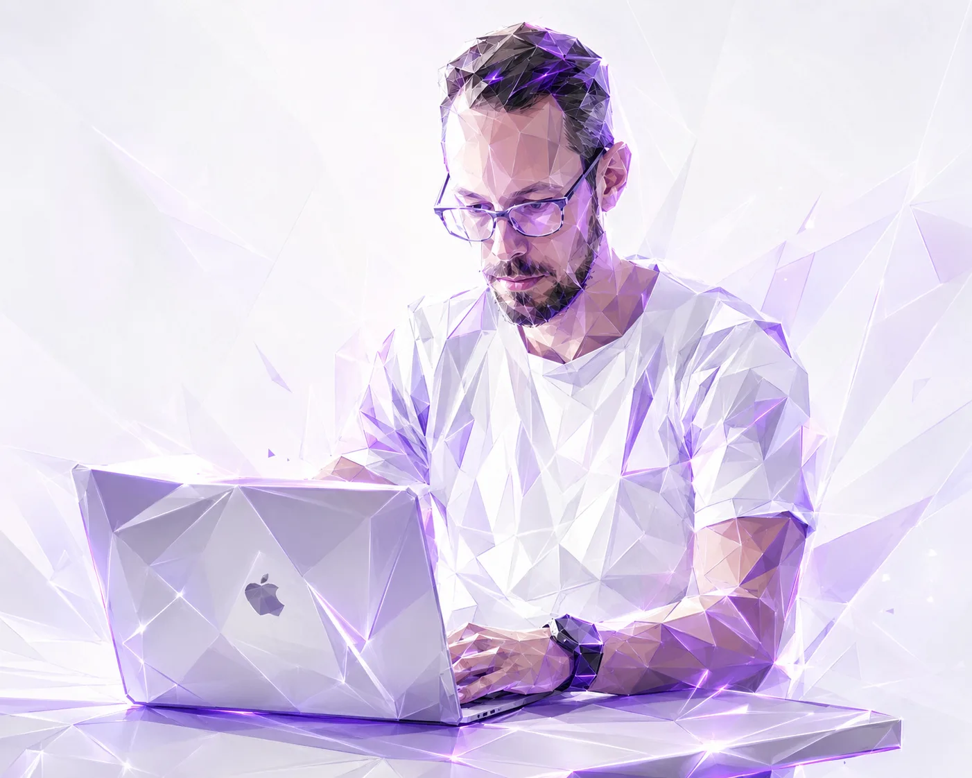 Low-poly illustration of Florent Blairon working on a laptop